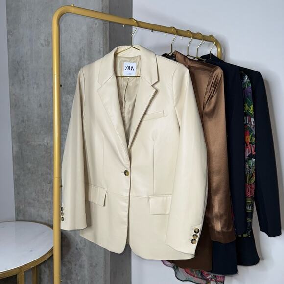 New Zara Beige Cream Oversized Faux Leather Boxy One Button Blazer - Picture 8 of 14